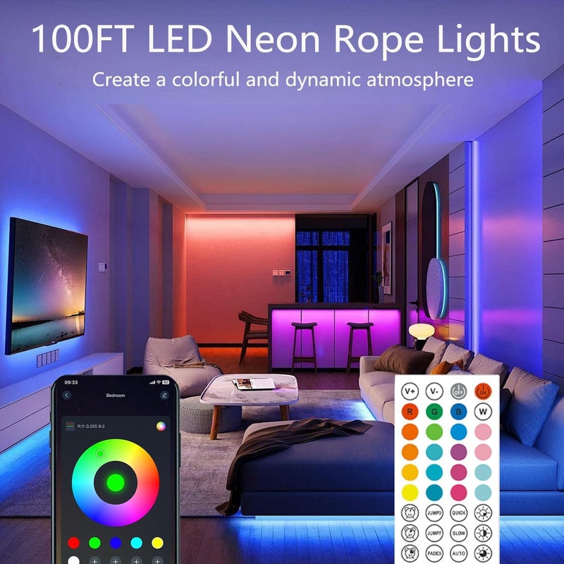 httpsmp 100FT Led Rope Lights,Flexible Neon Light Control with App/Remote,Multiple Modes,IP67 Outdoor Waterproof,Music Sync Strip for Bedroom - Image 2